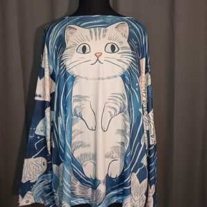 Cat Fish Print Long Sleeve Tunic Top Oversized Pullover Graphic XL